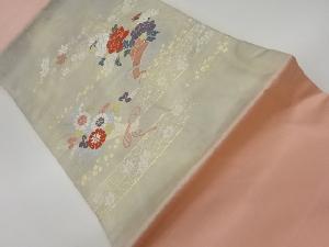 リサイクル　引箔変わり横段に花束・波・色紙散らし模様織出し名古屋帯